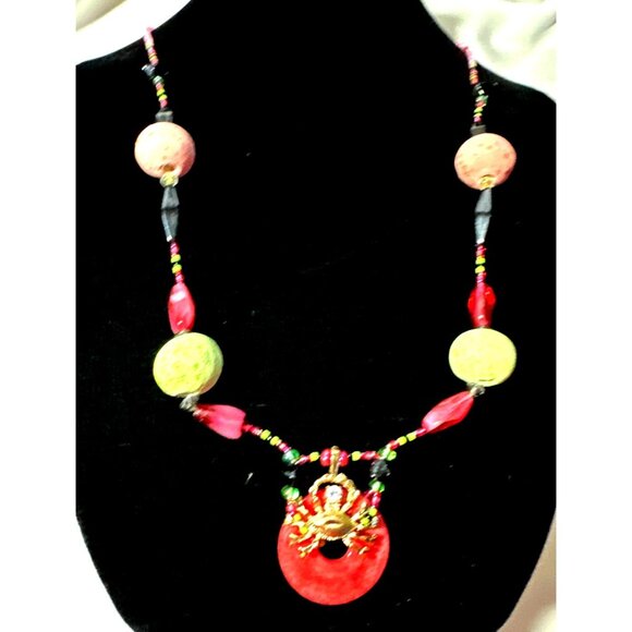 Vintage Exotic Boho Crab Red Jade Necklace 10k Gold Filled Bead CZ Pink Green - Picture 9 of 9